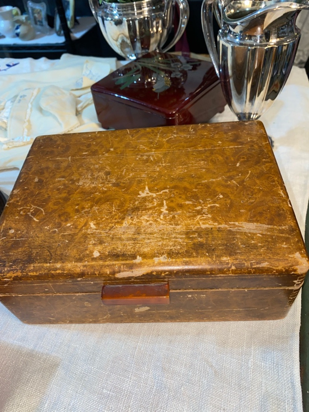 OLD Bakelite handle burl wood jewelry box with mirror